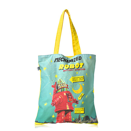 Retro robot tote bags at the Science Museum