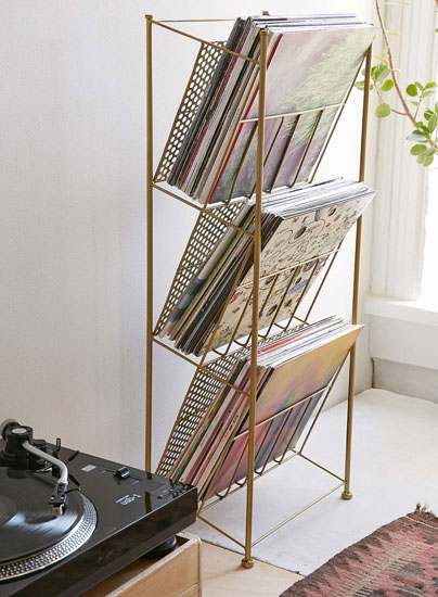 Vintage-style vinyl storage racks at Urban Outfitters