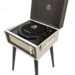 Dansette-style GPO Bermuda record player on legs now available in a grey finish