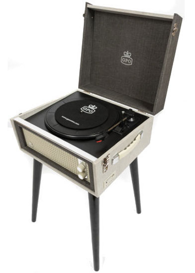Dansette-style GPO Bermuda record player on legs now available in a grey finish