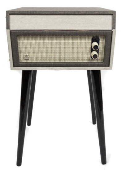 Dansette-style GPO Bermuda record player on legs now available in a grey finish