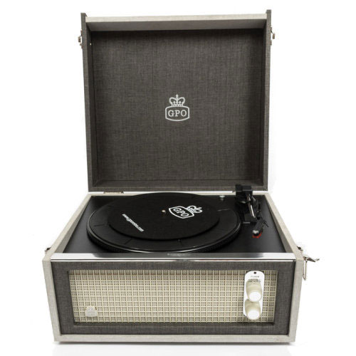 Dansette-style GPO Bermuda record player on legs now available in a grey finish