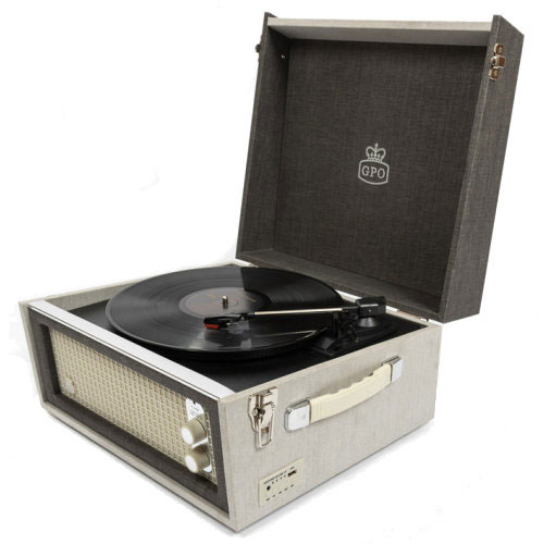 Dansette-style GPO Bermuda record player on legs now available in a grey finish