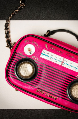 Vintage-style Turn On The Music Radio Bag with working speakers by Betsey Johnson