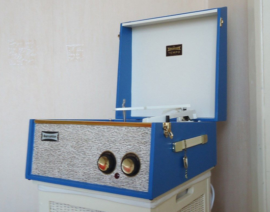 1960s Dansette Tempo record player in blue on eBay