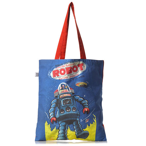 Retro robot tote bags at the Science Museum