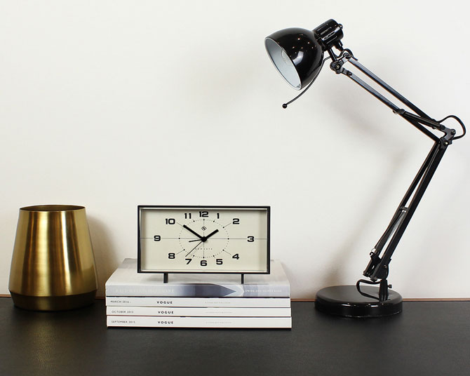 Midcentury modern-style Wideboy mantel clock by Newgate