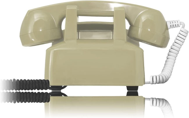 Opis 60s Cable mit französischem Post PTT Pappeinleger grün Retro Telefon im sechziger Jahre Vintage Design mit Wählscheibe und Metallklingel 