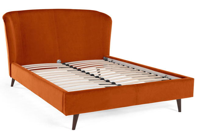 Retro bedroom: Lulu bed at Made now available in an orange velvet finish