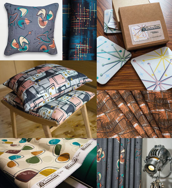 Midcentury-style cloth, cushions and coasters by 20th Century Cloth