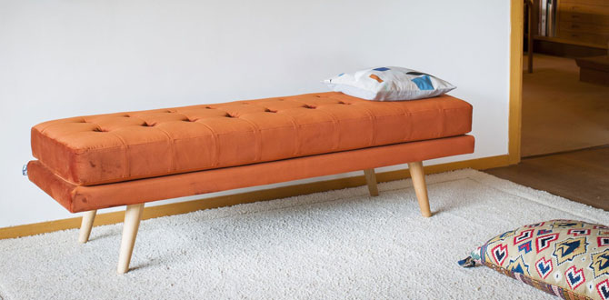 1960s-style Elmas velvet bench at Pib