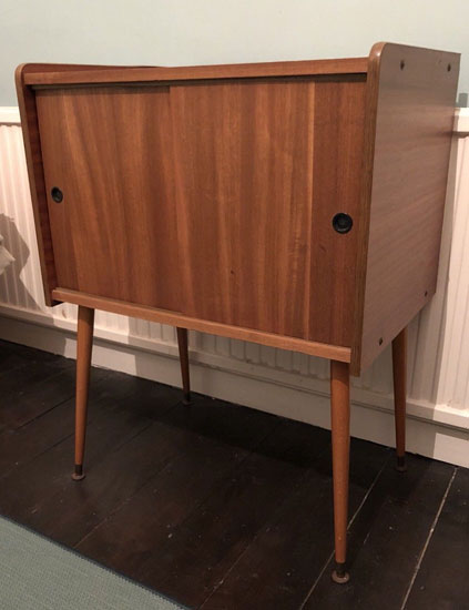 Midcentury record storage cabinet with Dansette legs on eBay