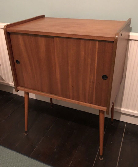 Midcentury record storage cabinet with Dansette legs on eBay