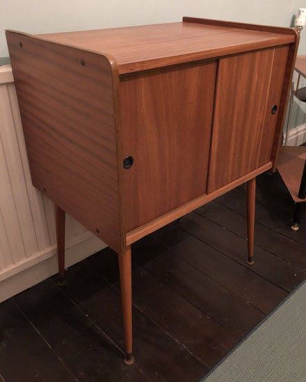 Midcentury record storage cabinet with Dansette legs on eBay