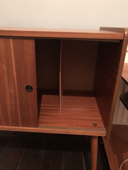 Midcentury record storage cabinet with Dansette legs on eBay