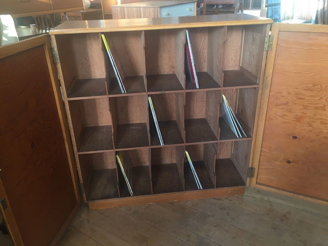 1950s oak record storage cabinet on eBay