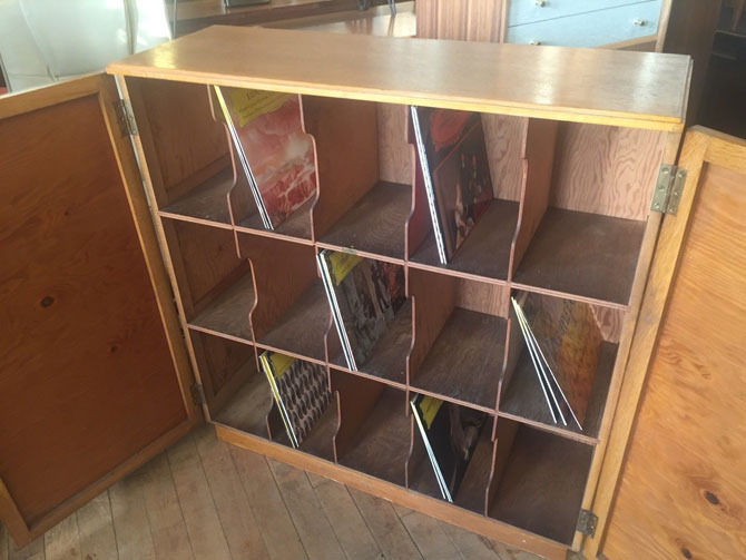 1950s oak record storage cabinet on eBay