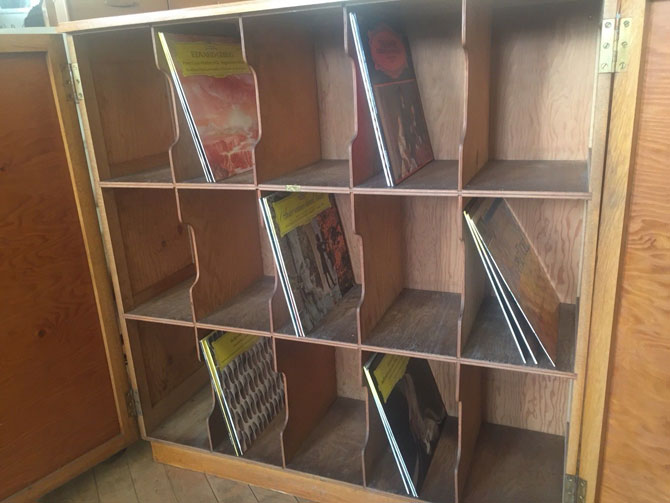 1950s oak record storage cabinet on eBay