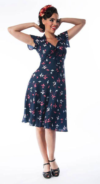 1940s-style Navy Bird Print Tea Dress at Weekend Doll