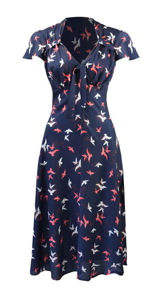 1940s-style Navy Bird Print Tea Dress at Weekend Doll