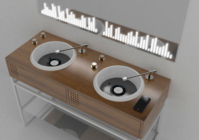 Vinyl record-deck-inspired bathroom units by Olympia Ceramica