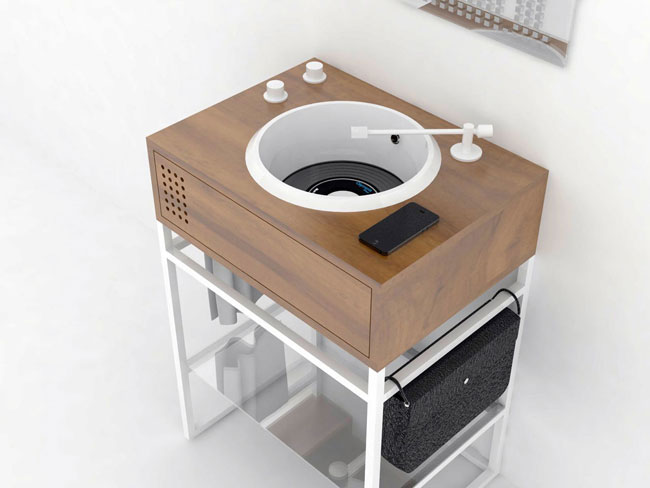 Vinyl record-deck-inspired bathroom units by Olympia Ceramica