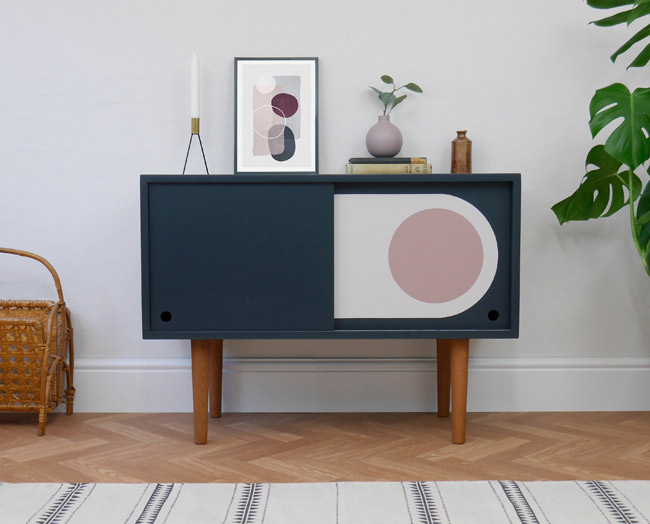 Retro graphic print record cabinets at Elizabeth Dot Design