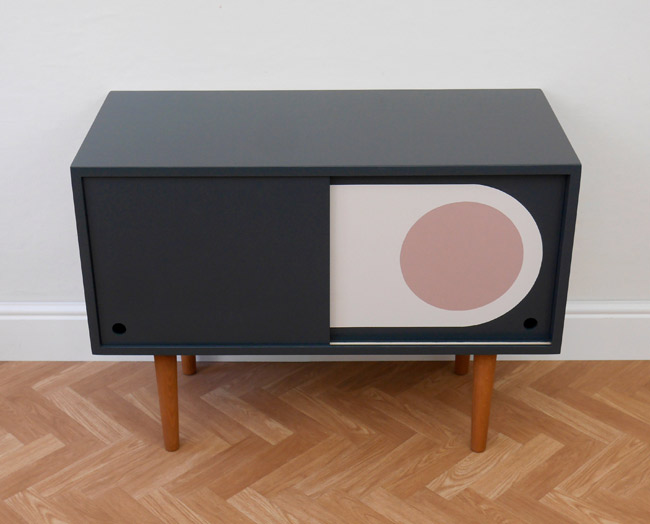 Retro graphic print record cabinets at Elizabeth Dot Design