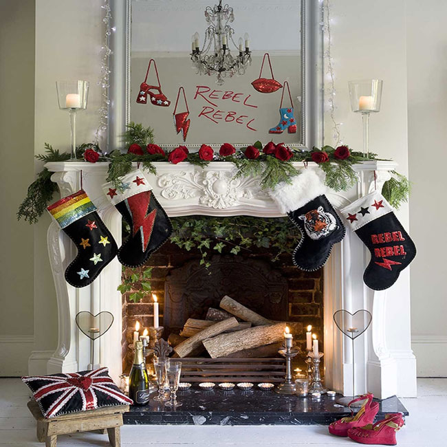 Glam rock Christmas decorations and stockings by Jan Constantine