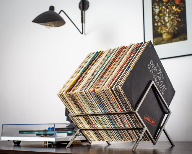 Metal vinyl storage racks by Design Atelier