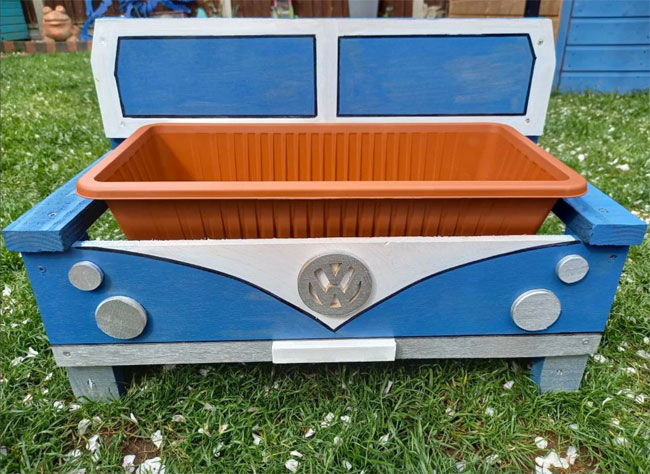 Handmade camper van-themed garden planter