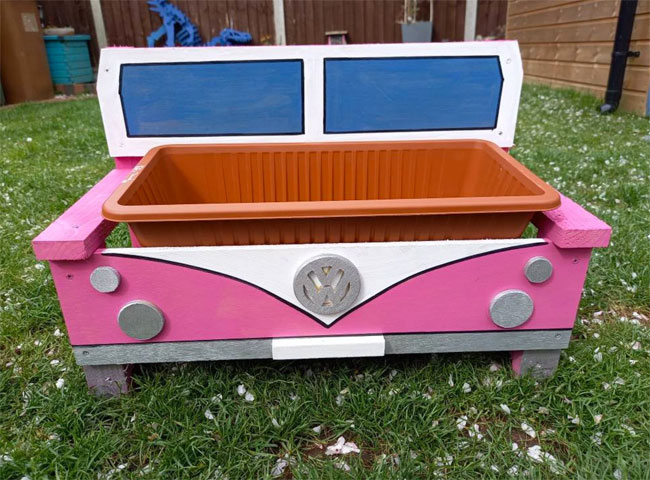 Handmade camper van-themed garden planter